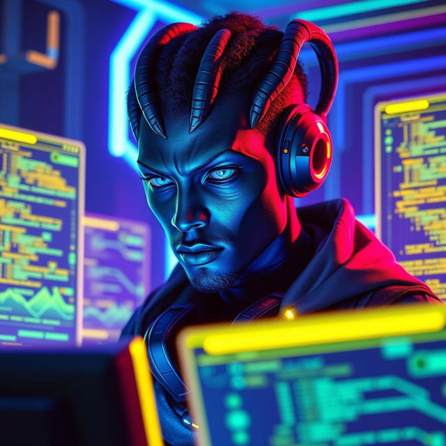 A male Balosar hacker, with dark skin and distinctive alien features, such as prominent antennae and sharp facial characteristics