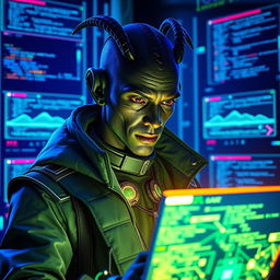 A male Balosar hacker, with dark skin and distinctive alien features, such as prominent antennae and sharp facial characteristics