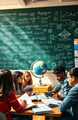 A detailed and visually engaging educational scene illustrating fundamental Mathematics and Physics concepts