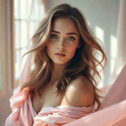A portrait of a beautiful woman named Anna Louise with flowing hair and an artistic pose, surrounded by soft drapery that highlights her elegance while maintaining a sense of mystery