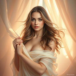 A portrait of a beautiful woman named Anna Louise with flowing hair and an artistic pose, surrounded by soft drapery that highlights her elegance while maintaining a sense of mystery