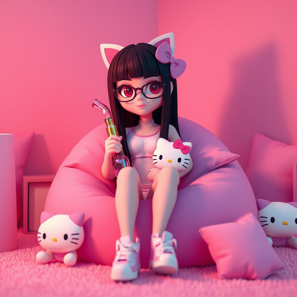 Create a 3D rendering of a character inspired by Hello Kitty, featuring long sleek straight black hair