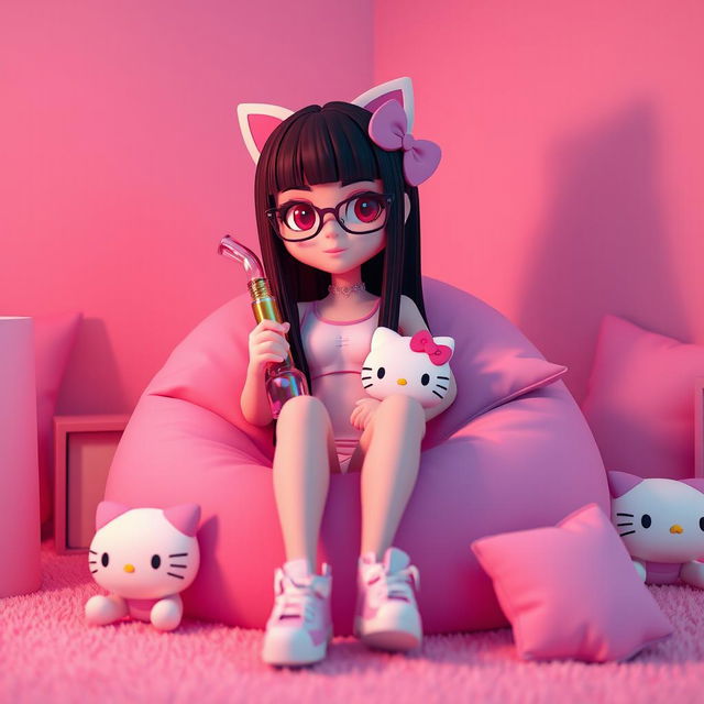 Create a 3D rendering of a character inspired by Hello Kitty, featuring long sleek straight black hair