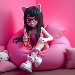 Create a 3D rendering of a character inspired by Hello Kitty, featuring long sleek straight black hair