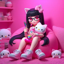 Create a 3D rendering of a character inspired by Hello Kitty, featuring long sleek straight black hair