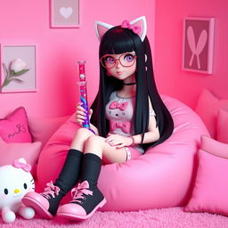 Create a 3D rendering of a character inspired by Hello Kitty, featuring long sleek straight black hair