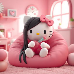 A 3D rendering of Hello Kitty with long, sleek, straight black hair, sitting comfortably on a pink bean bag chair