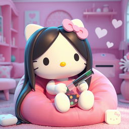A 3D rendering of Hello Kitty with long, sleek, straight black hair, sitting comfortably on a pink bean bag chair