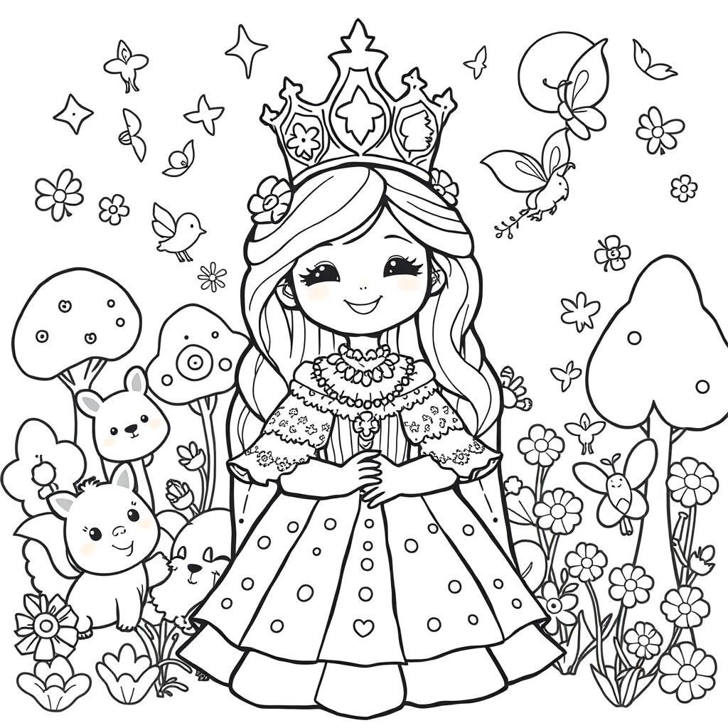 A black and white coloring page featuring a cute, medieval queen designed for children