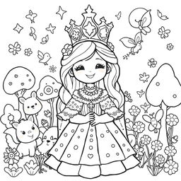 A black and white coloring page featuring a cute, medieval queen designed for children