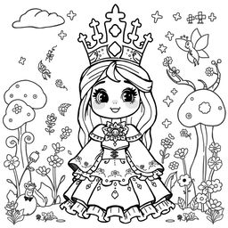 A black and white coloring page featuring a cute, medieval queen designed for children