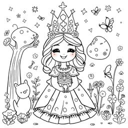 A black and white coloring page featuring a cute, medieval queen designed for children