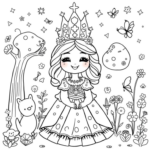 A black and white coloring page featuring a cute, medieval queen designed for children