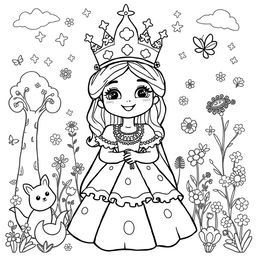 A black and white coloring page featuring a cute, medieval queen designed for children