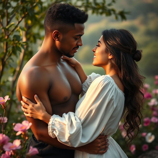 A sensual, romantic scene featuring a couple embracing in a beautiful setting