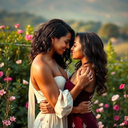 A sensual, romantic scene featuring a couple embracing in a beautiful setting