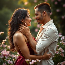 A sensual, romantic scene featuring a couple embracing in a beautiful setting
