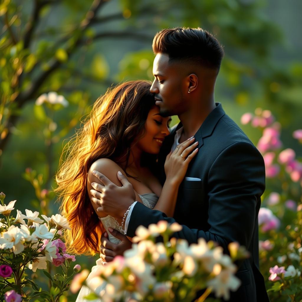 A sensual, romantic scene featuring a couple embracing in a beautiful setting