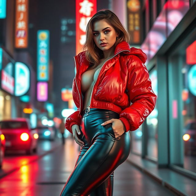 A hot slim girl with big breasts, showcasing her figure in a shiny red tight puffer jacket that clings to her curves, paired with sleek black latex leggings that highlight her legs