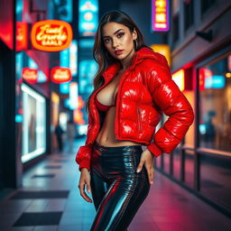 A hot slim girl with big breasts, showcasing her figure in a shiny red tight puffer jacket that clings to her curves, paired with sleek black latex leggings that highlight her legs