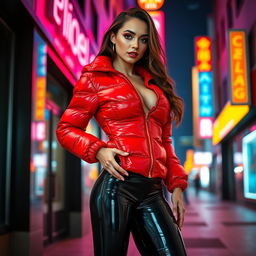 A hot slim girl with big breasts, showcasing her figure in a shiny red tight puffer jacket that clings to her curves, paired with sleek black latex leggings that highlight her legs