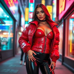 A hot slim girl with big breasts, showcasing her figure in a shiny red tight puffer jacket that clings to her curves, paired with sleek black latex leggings that highlight her legs