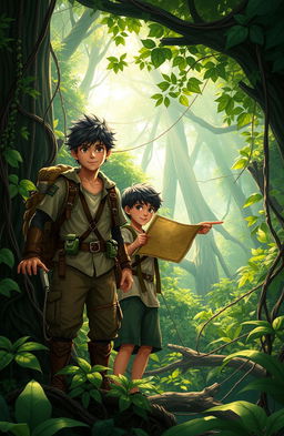 Two brave young men, Rizky and Wahyu, embarking on an adventurous quest to uncover a treasure mystery in the village of Kaban, nestled deep within a forbidden forest
