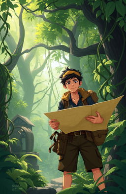 Two brave young men, Rizky and Wahyu, embarking on an adventurous quest to uncover a treasure mystery in the village of Kaban, nestled deep within a forbidden forest