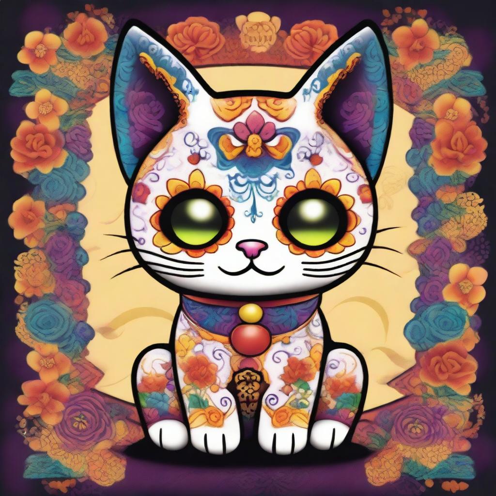 A high-quality digital art image portraying an adorable Maneki Neko, designed with vibrant Dia de Los Muertos sugar skull style