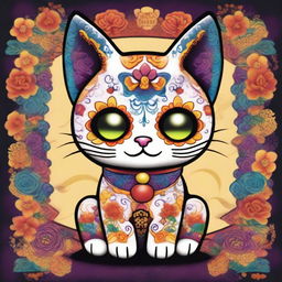 A high-quality digital art image portraying an adorable Maneki Neko, designed with vibrant Dia de Los Muertos sugar skull style