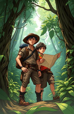 Two brave young men, Rizky and Wahyu, embarking on an adventurous quest to uncover a treasure mystery in the village of Kaban, nestled deep within a forbidden forest