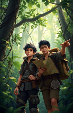 Two brave young men, Rizky and Wahyu, embarking on an adventurous quest to uncover a treasure mystery in the village of Kaban, nestled deep within a forbidden forest