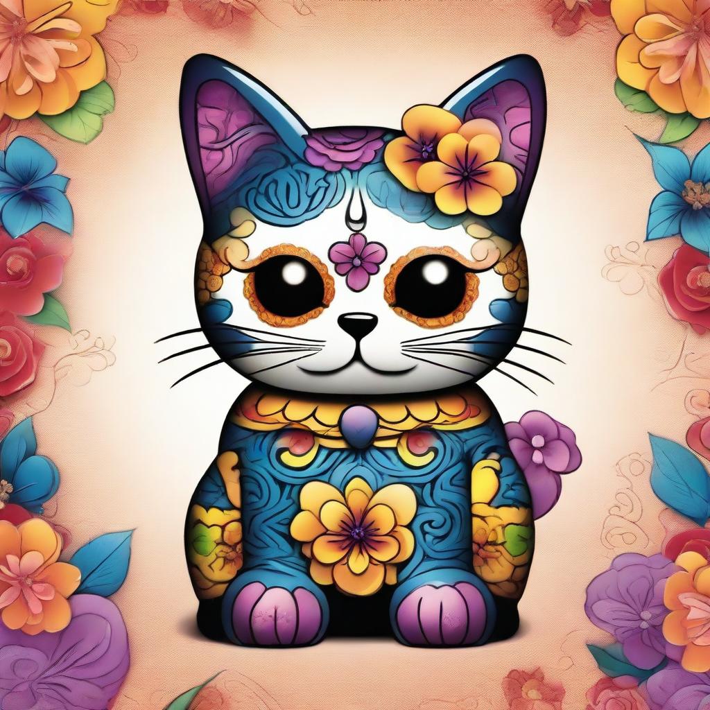 A high-quality digital art image portraying an adorable Maneki Neko, designed with vibrant Dia de Los Muertos sugar skull style