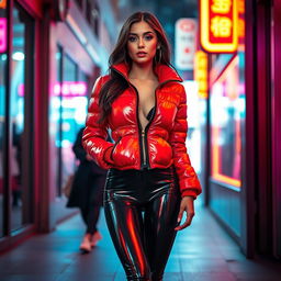A hot slim girl with enticing curves and ample breasts, confidently wearing a shiny red tight puffer jacket that fits snugly and highlights her silhouette, paired with glossy black latex leggings that enhance her legs