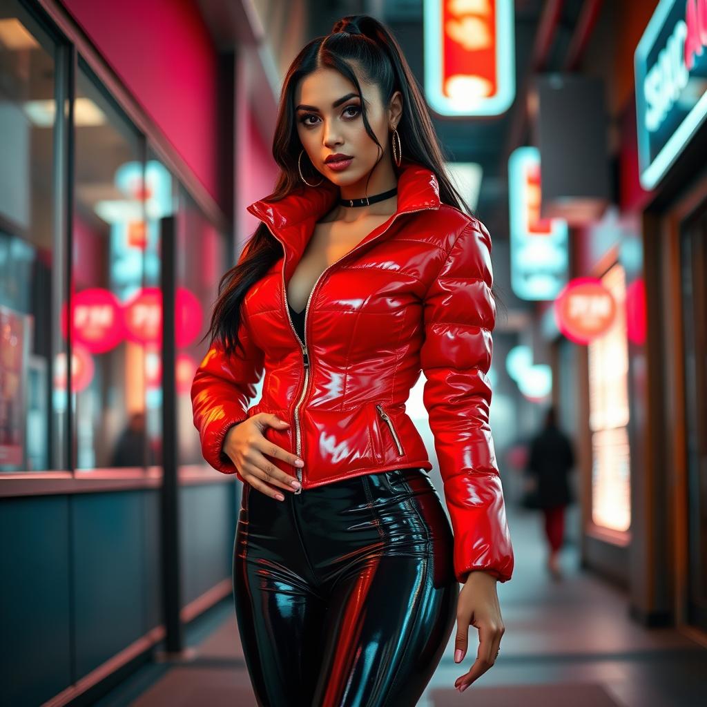 A hot slim girl with enticing curves and ample breasts, confidently wearing a shiny red tight puffer jacket that fits snugly and highlights her silhouette, paired with glossy black latex leggings that enhance her legs