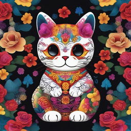 A high-quality digital art image portraying an adorable Maneki Neko, designed with vibrant Dia de Los Muertos sugar skull style