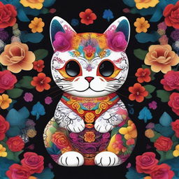 A high-quality digital art image portraying an adorable Maneki Neko, designed with vibrant Dia de Los Muertos sugar skull style