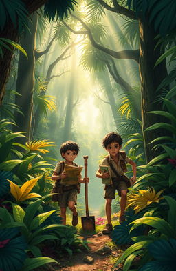 Two young villagers from Kaban embarking on an adventurous quest to uncover the mystery of hidden treasure located in the forbidden forest surrounding their village