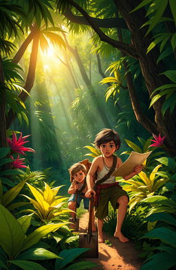 Two young villagers from Kaban embarking on an adventurous quest to uncover the mystery of hidden treasure located in the forbidden forest surrounding their village