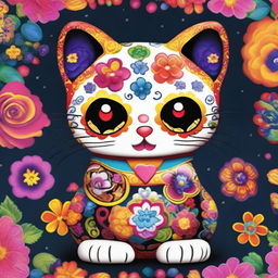 A high-quality digital art image portraying an adorable Maneki Neko, designed with vibrant Dia de Los Muertos sugar skull style