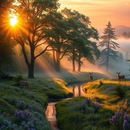 A serene landscape featuring a magical forest during golden hour, with ethereal golden light filtering through the trees
