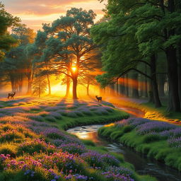 A serene landscape featuring a magical forest during golden hour, with ethereal golden light filtering through the trees