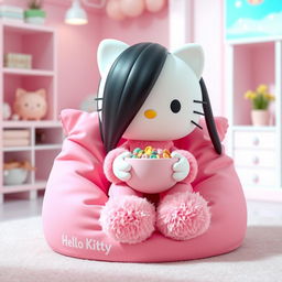 A 3D rendering of Hello Kitty with long, sleek, straight black hair, adorned with long eyelashes, sitting adorably on a pink bean bag chair
