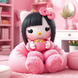 A 3D rendering of Hello Kitty with long, sleek, straight black hair, adorned with long eyelashes, sitting adorably on a pink bean bag chair