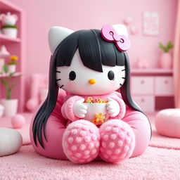 A 3D rendering of Hello Kitty with long, sleek, straight black hair, adorned with long eyelashes, sitting adorably on a pink bean bag chair