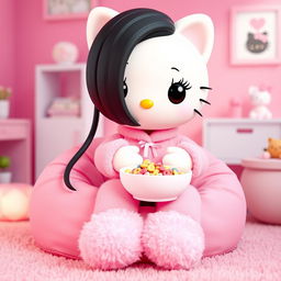 A 3D rendering of Hello Kitty with long, sleek, straight black hair, adorned with long eyelashes, sitting adorably on a pink bean bag chair