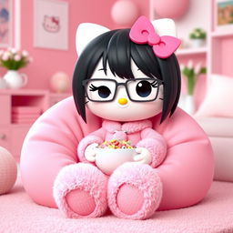 A 3D rendering of Hello Kitty with long, straight black hair and long eyelashes, sitting on a pink bean bag chair in a cozy pink environment