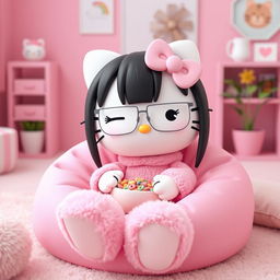 A 3D rendering of Hello Kitty with long, straight black hair and long eyelashes, sitting on a pink bean bag chair in a cozy pink environment