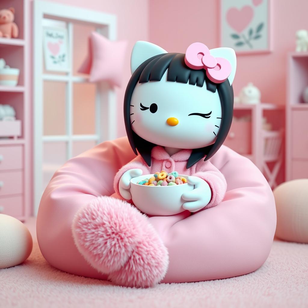 A 3D rendering of Hello Kitty with long, straight black hair and long eyelashes, sitting on a pink bean bag chair in a cozy pink environment