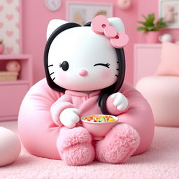 A 3D rendering of Hello Kitty with long, straight black hair and long eyelashes, sitting on a pink bean bag chair in a cozy pink environment